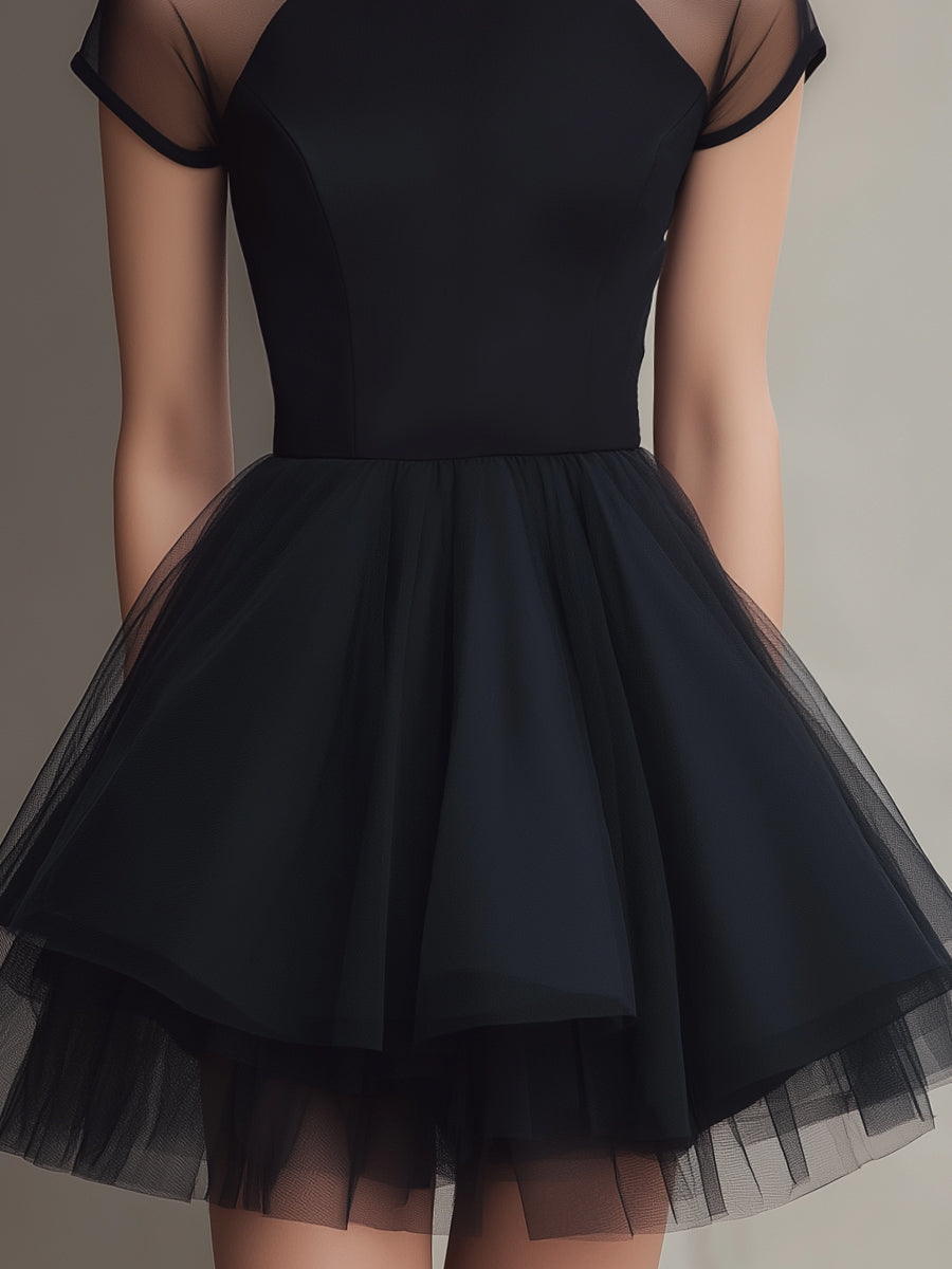Sheer Panel Short Sleeve Tulle Mini Dress