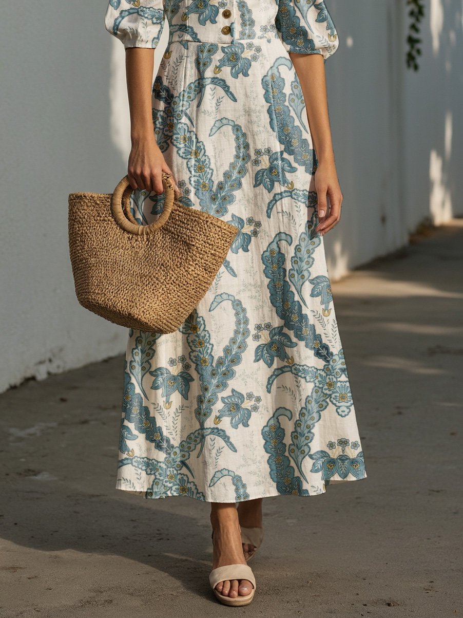 Maxi Linen Dress, Half Sleeve, Shawl Collar, Paisley, Button Design, Vacation, Vintage, White