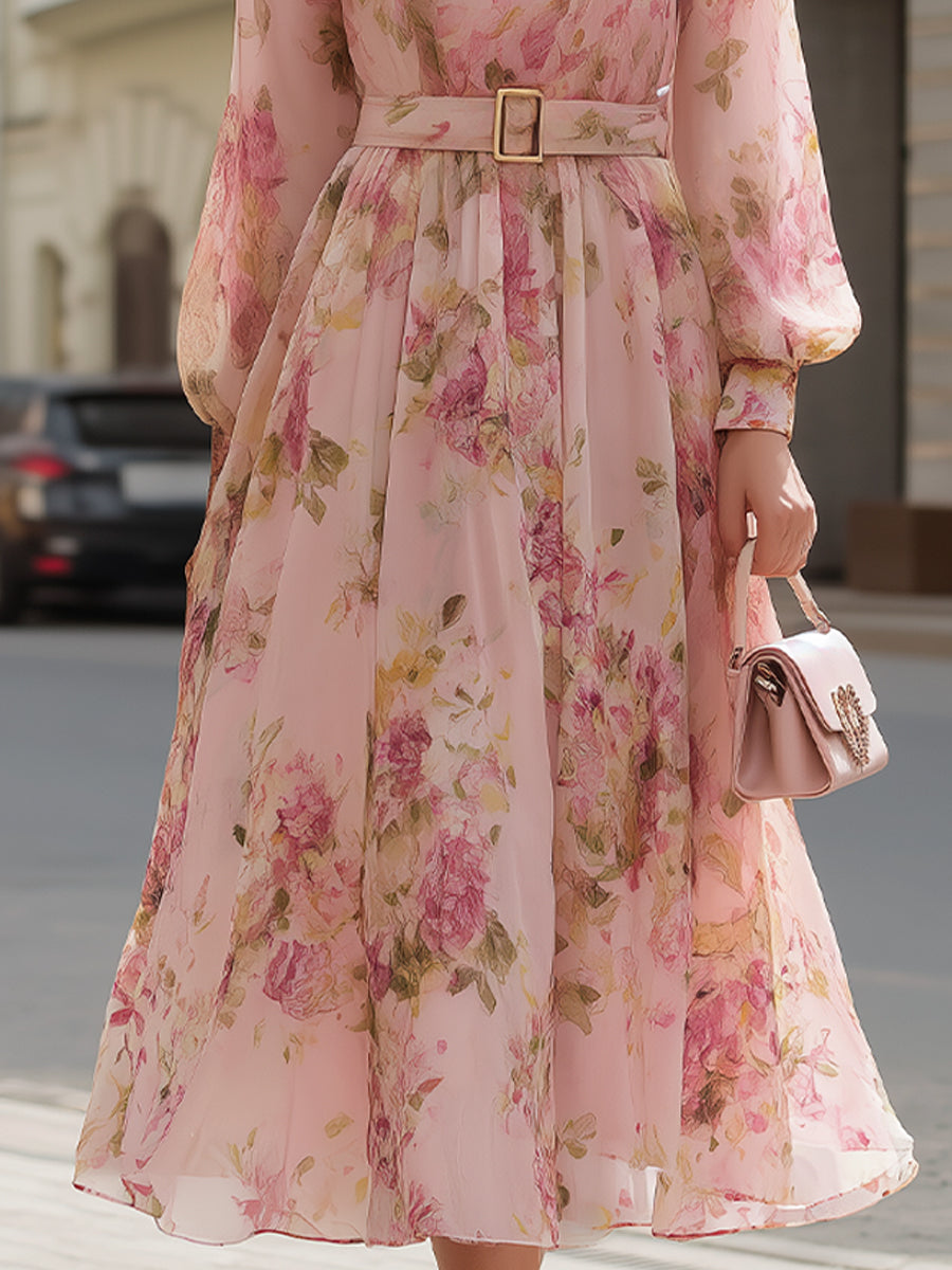 Romantic Blush Floral Chiffon Midi Dress