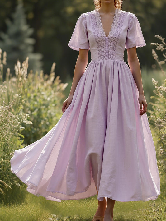 Cotton Maxi Dress, Short Sleeve, V neck, Plain, Vintage, Purple