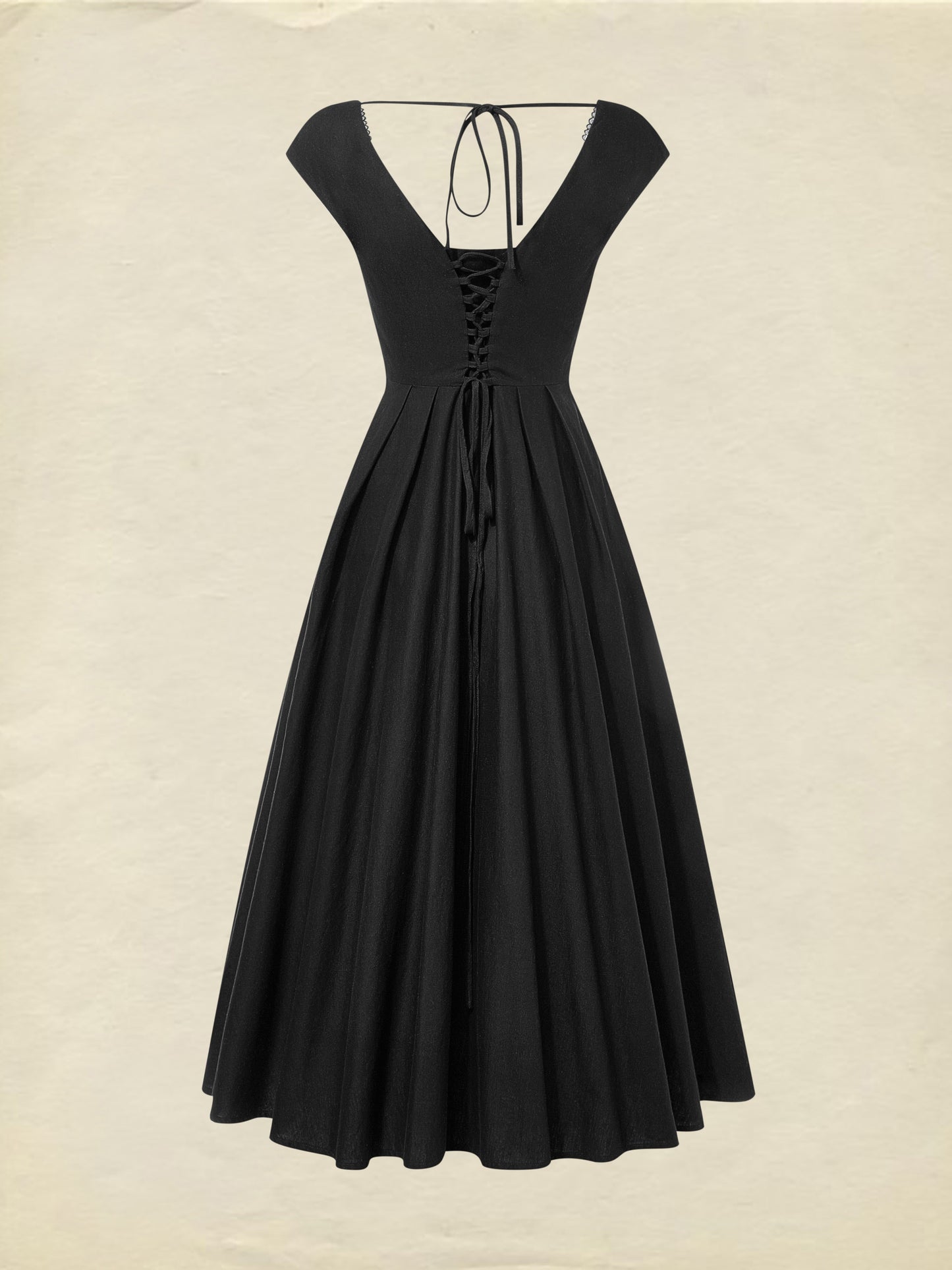 Midi Linen Dress, Sleeveless, Lace Collar, Plain, Lace, French Vintage, Black