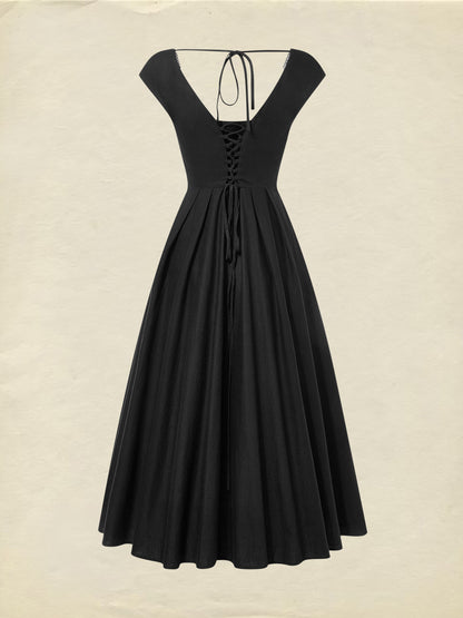 Midi Linen Dress, Sleeveless, Lace Collar, Plain, Lace, French Vintage, Black