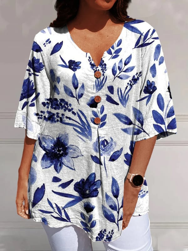 Blue Printed Half Sleeve Shirt Top