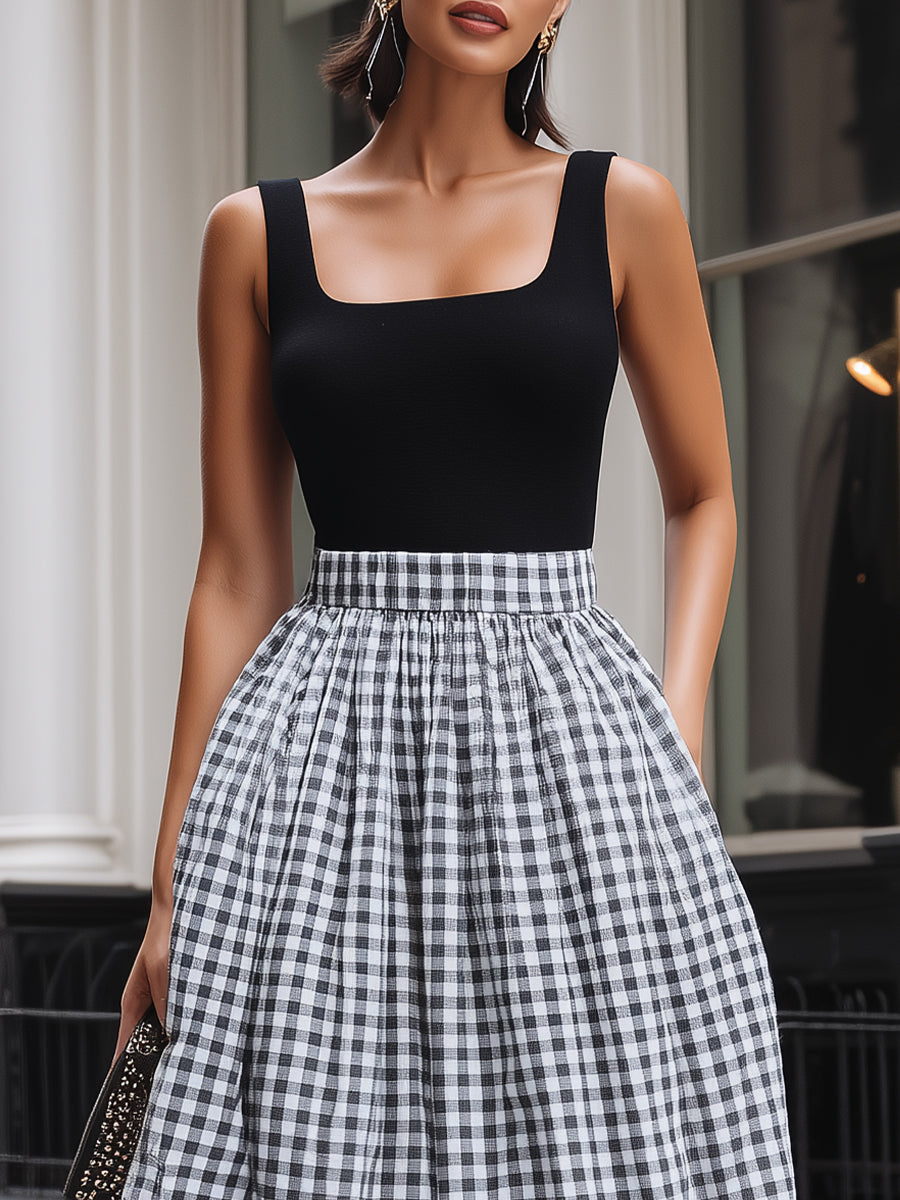 Black & White Gingham Contrast Bodice Maxi Dress