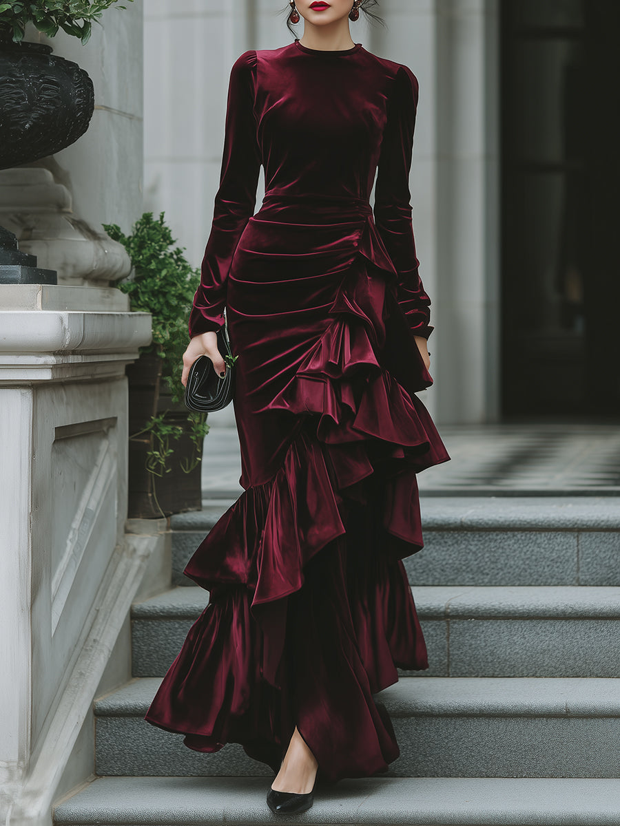 Long Sleeve Ruffled Tier Evening Gown