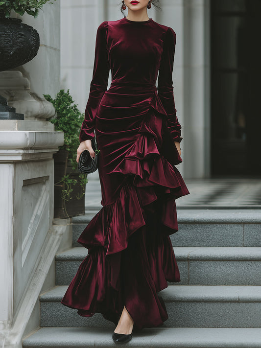 Long Sleeve Ruffled Tier Evening Gown