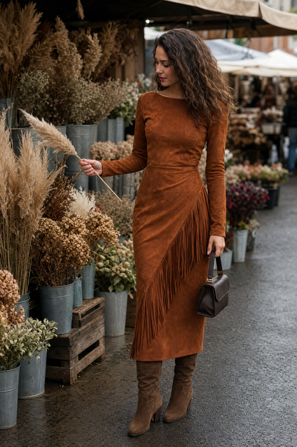 Asymmetric Fringe Faux Suede Midi Dress