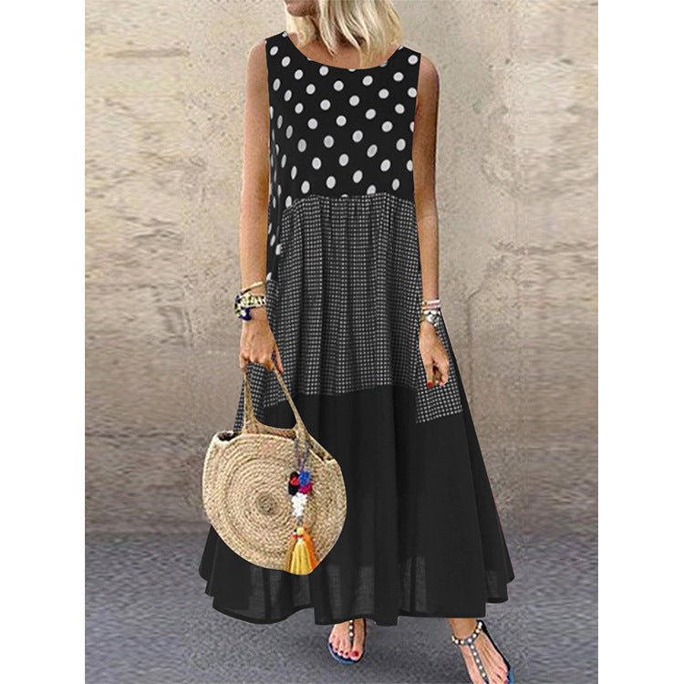 Plus Size Polka Dot Sleeveless Dress Mid-Length Cotton and Linen Waist Trimming Slimming Dress