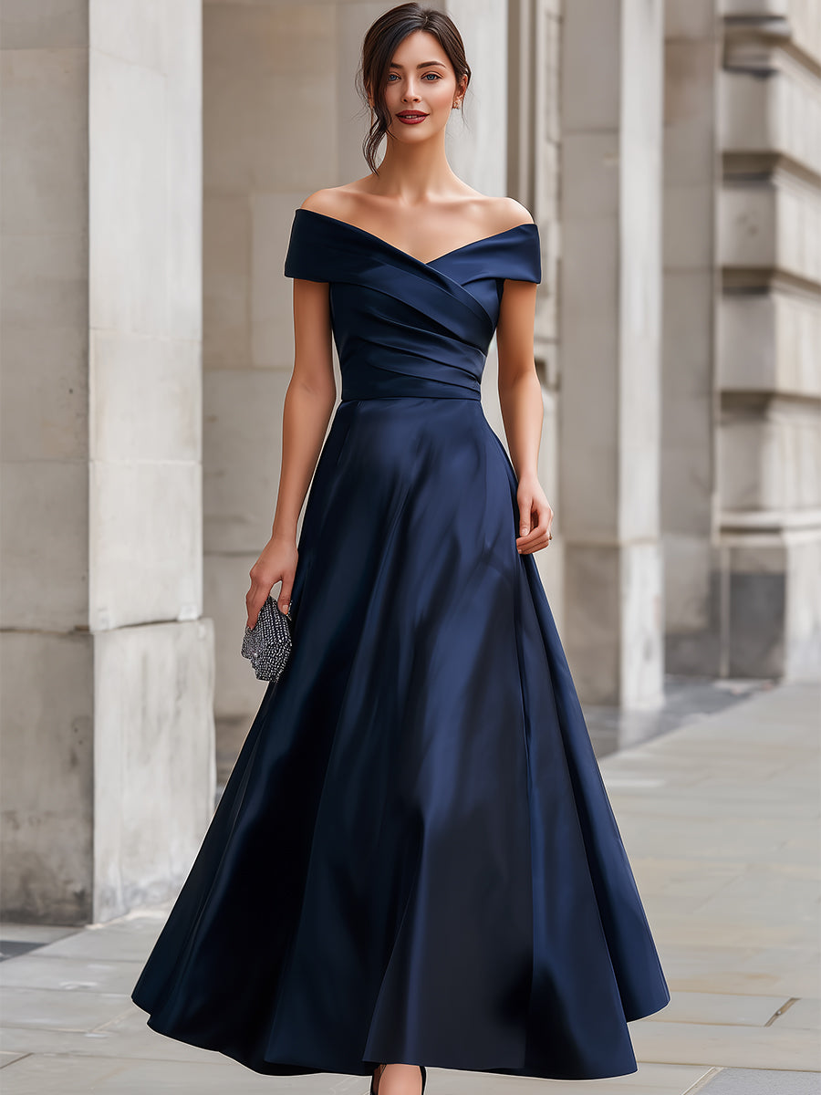 Navy Off-the-Shoulder Satin  Gown