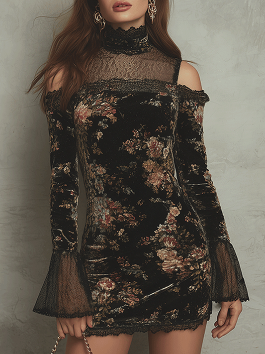 Vintage Black Velvet Floral Lace Cold-Shoulder Mini Dress