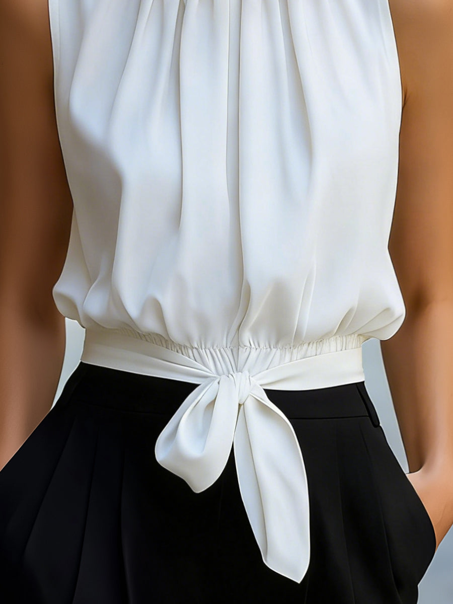 Sleeveless High-Neck Tie-Waist Blouse