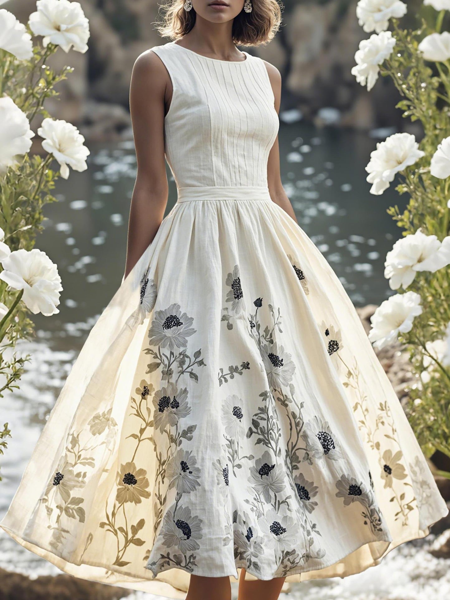 Midi Linen Dress , Sleeveless, Round Neck, Floral, Vacation, Vintage, Black