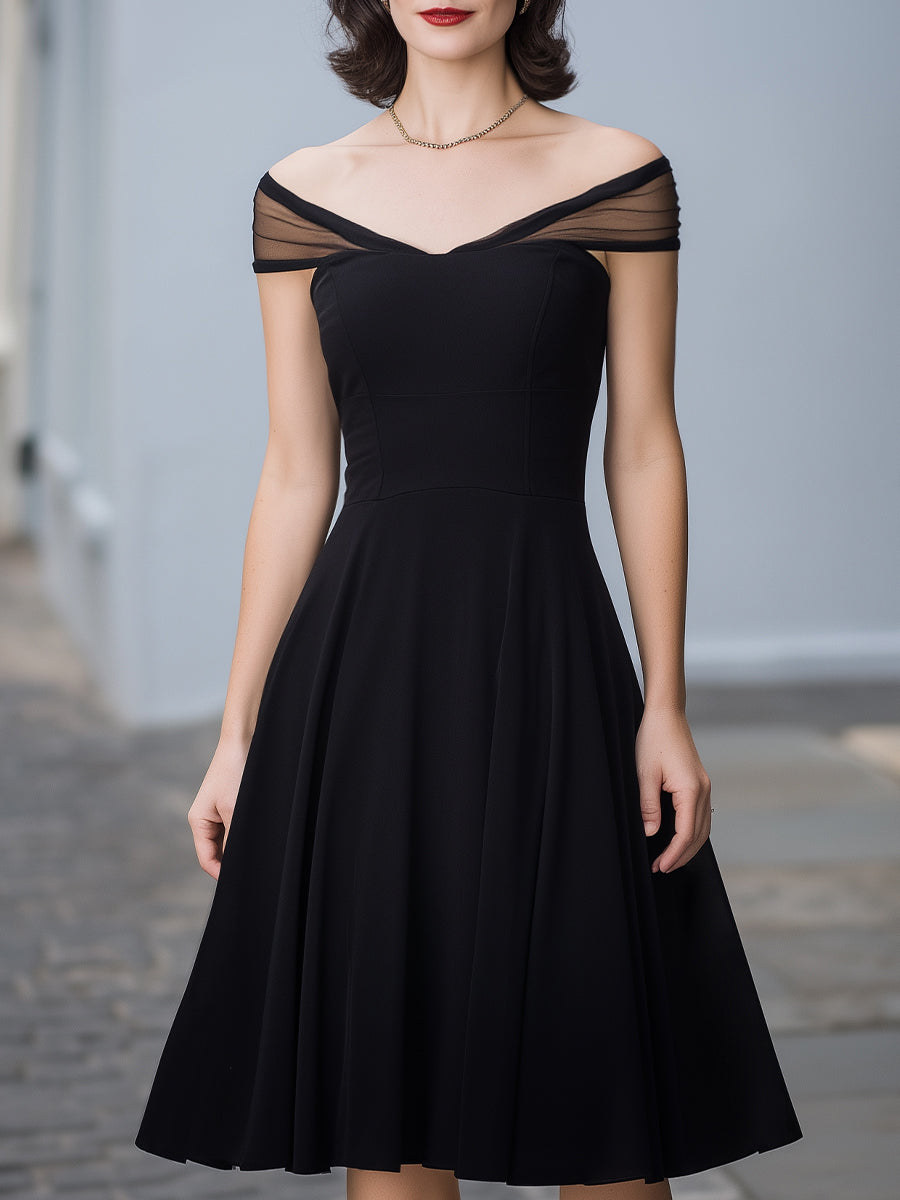 Off-Shoulder Mesh Trim A-Line Midi Dress