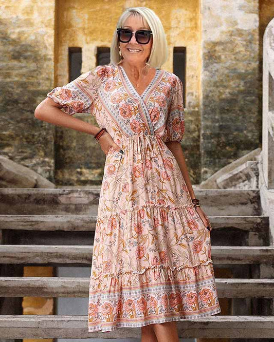 Pink Wooden Ear Printed V-neck Midi Boho Dress