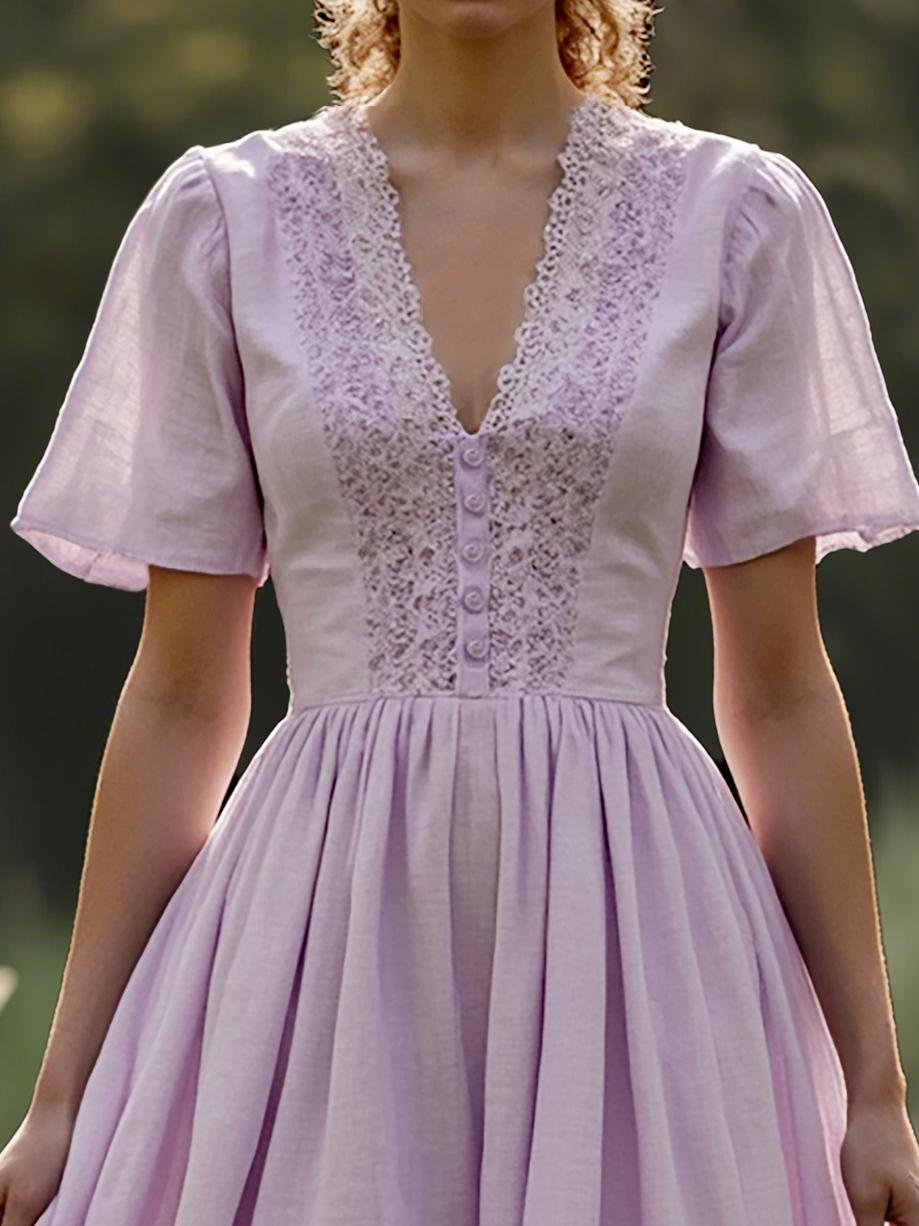 Cotton Maxi Dress, Short Sleeve, V neck, Plain, Vintage, Purple