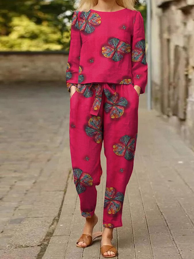 women's Vintage Flower Print Two-piece Set Suit