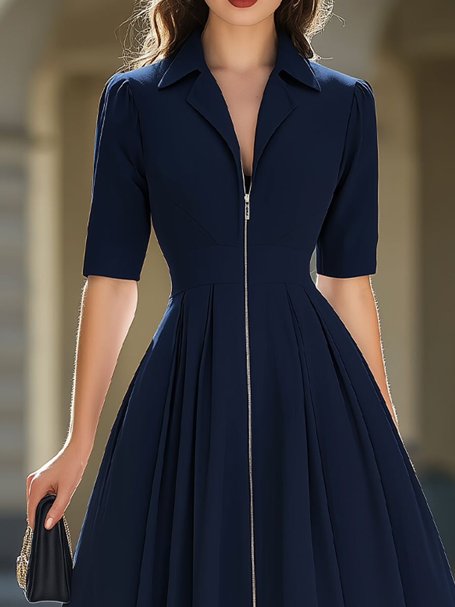 Navy Blue Zip-Front Fit-and-Flare Midi Dress