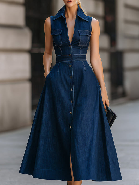 Retro Denim Button-Front Midi Shirt Dress