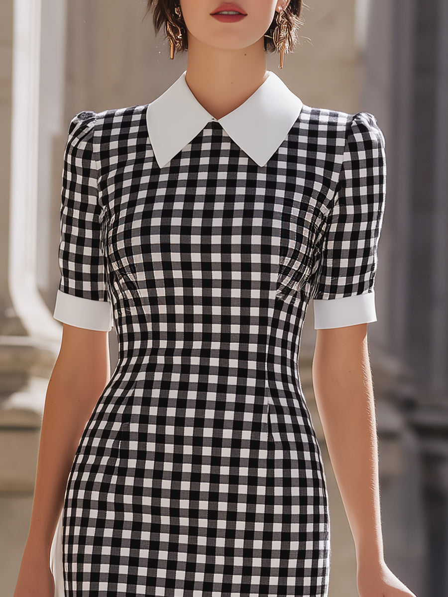 Black-and-White Gingham Collared Mini Sheath Dress