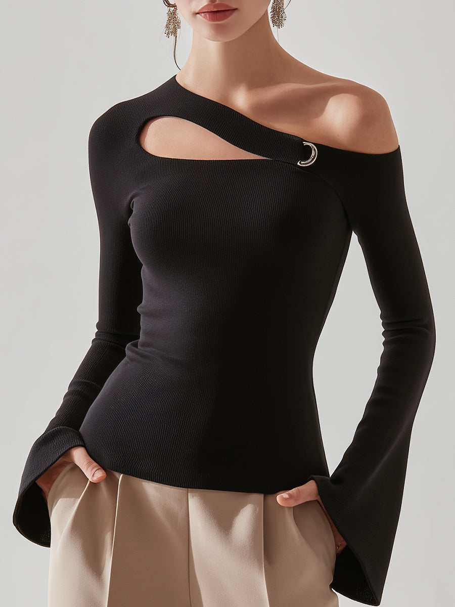 Black Asymmetric Cutout One-Shoulder Top
