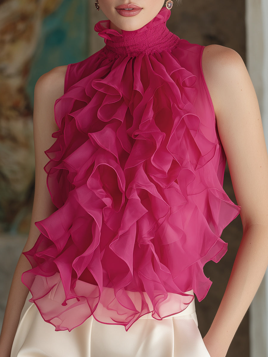 Ruffled High-Neck Sleeveless Chiffon Blouse