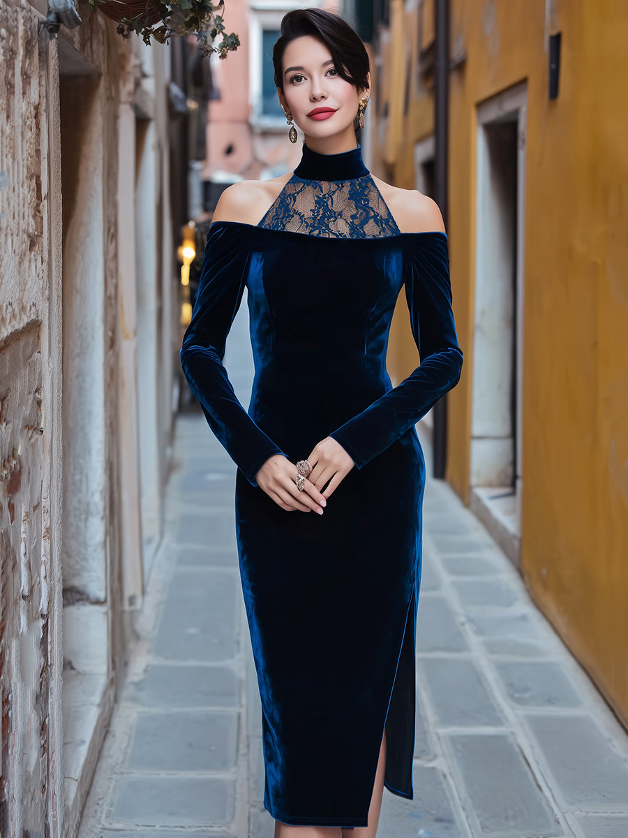 Elegant Velvet Off-Shoulder Lace Panel Midi Dress