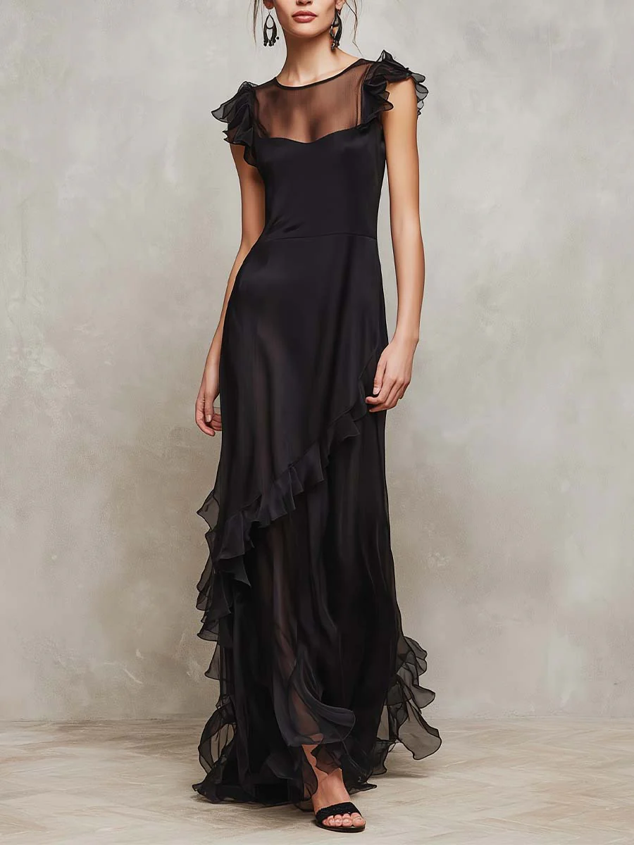 Elegant Black Ruffle Maxi Evening Gown