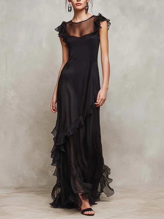 Elegant Black Ruffle Maxi Evening Gown