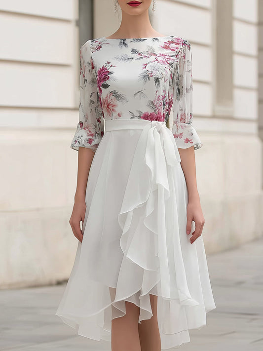 Floral Chiffon Midi Dress With Asymmetric Ruffle Skirt