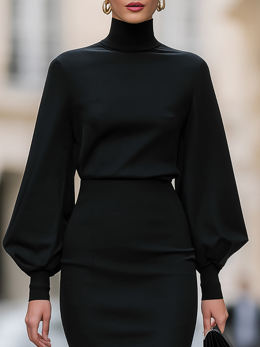 Mock-Neck Bishop-Sleeve Tailored Midi Dress