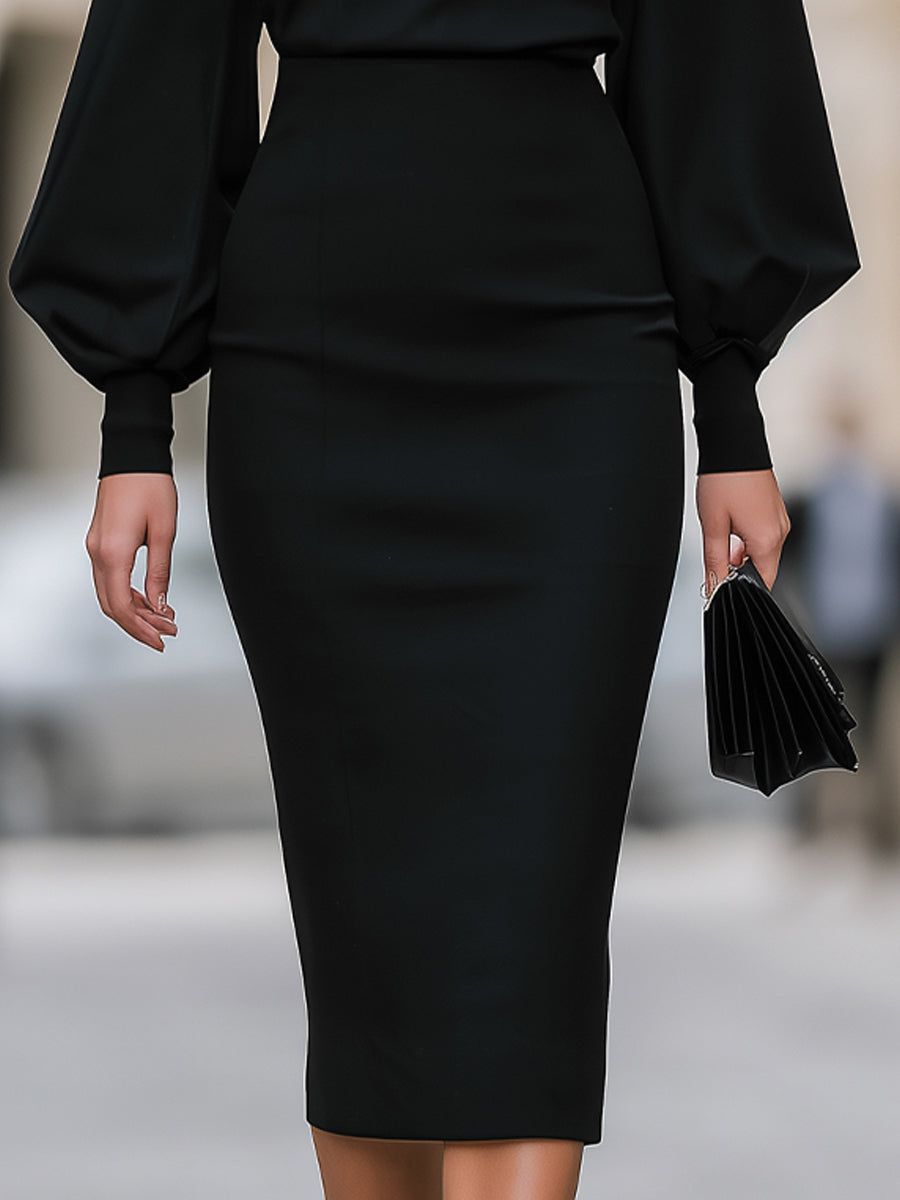 Mock-Neck Bishop-Sleeve Tailored Midi Dress