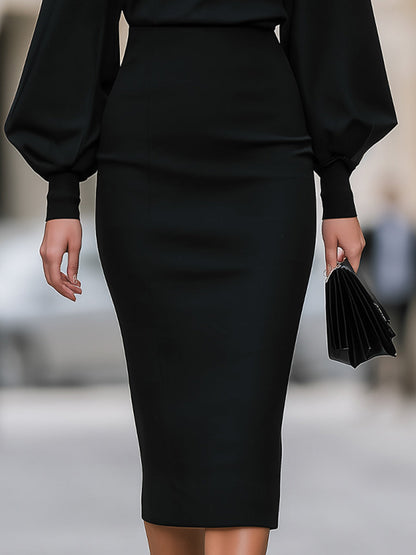 Mock-Neck Bishop-Sleeve Tailored Midi Dress