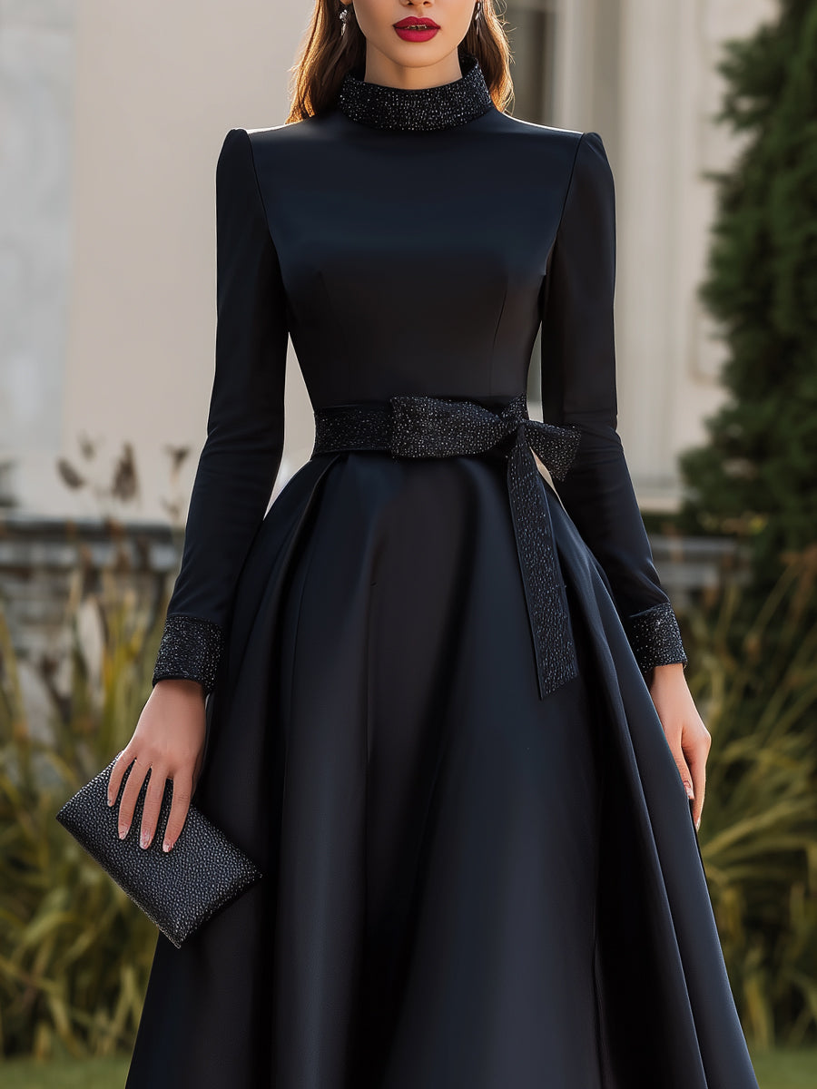 Belted High-Neck Midi Dress With Structured Silhouette