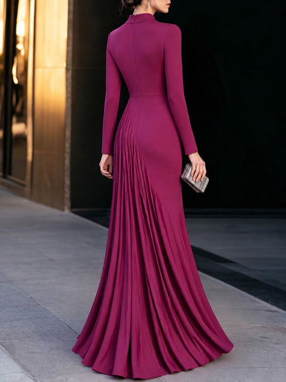 Asymmetric Pleated High-Neck Maxi Evening Dress