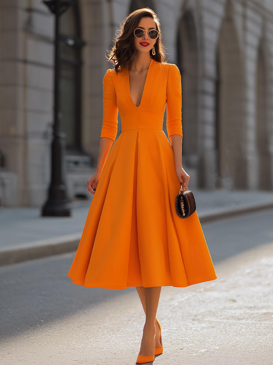 Orange Deep V-Neck Fit-and-Flare Midi Dress