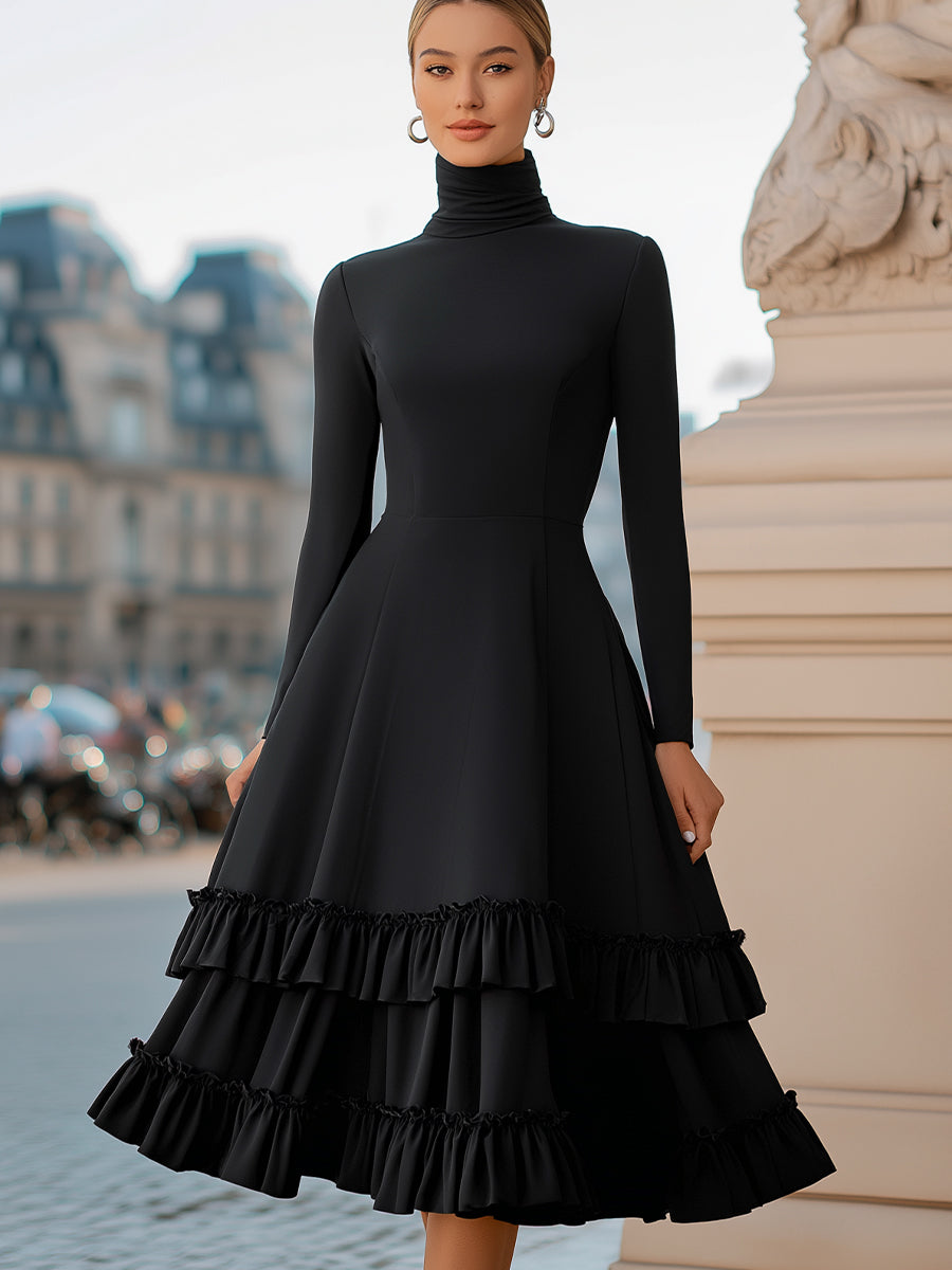 High-Neck A-Line Tiered Ruffle Midi Dress