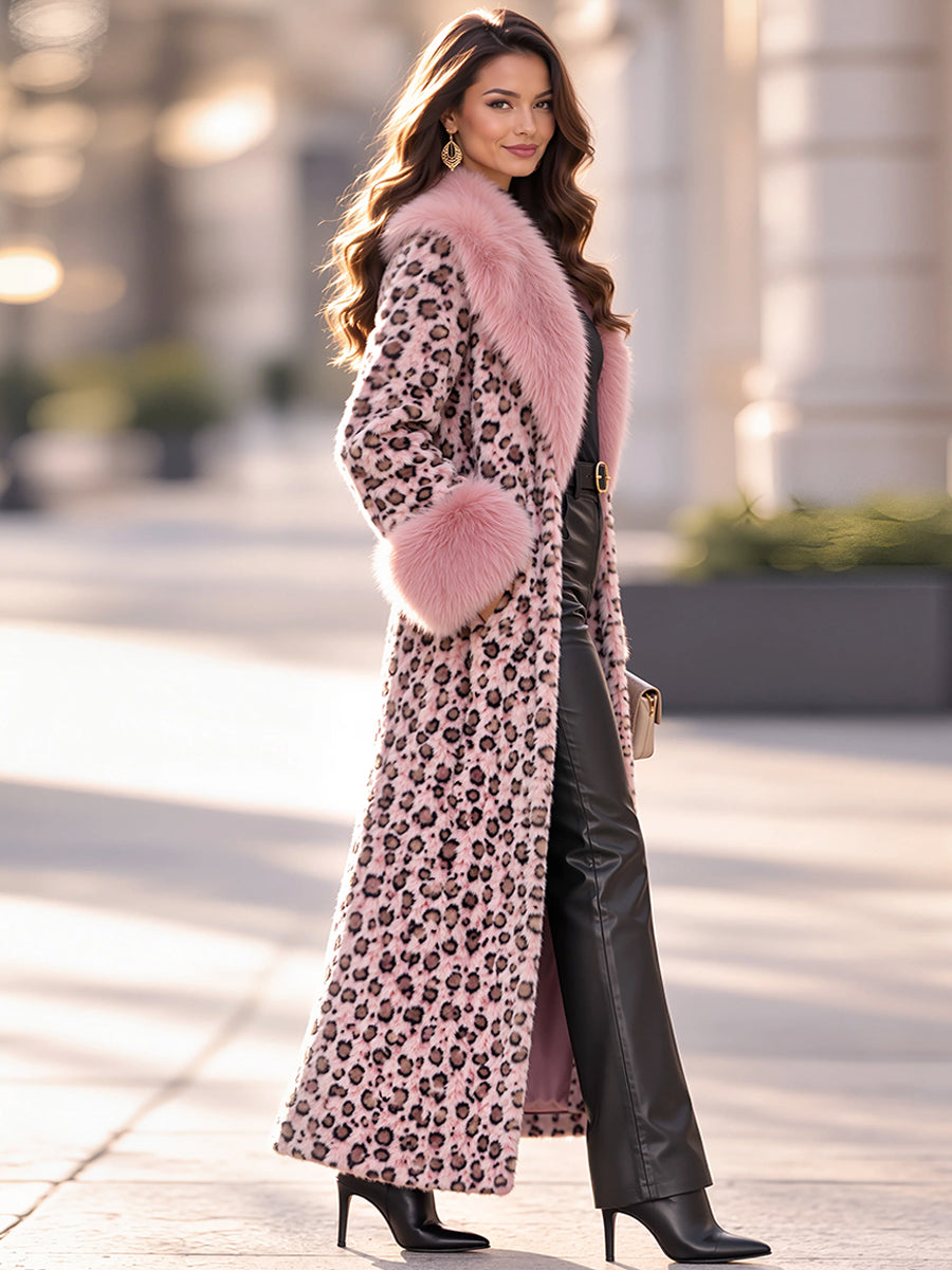 Elegant Pink Leopard Print Faux Fur Long Coat With Fluffy Collar And Cuffs