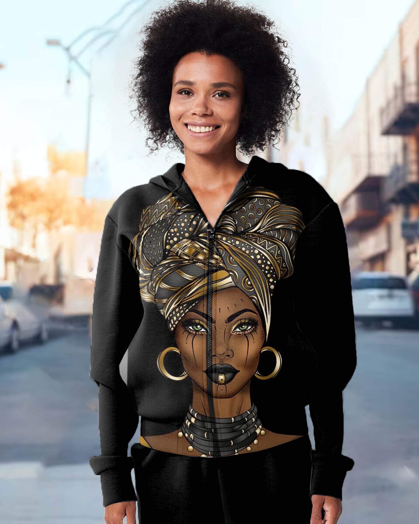 African Gold Earrings for Mom Zip Hood Long Sleeves Hoodie