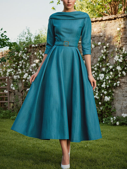 Midi Linen Dress , Half Sleeve, Shawl Collar, Plain, Belt Design, Vintage, Cyan