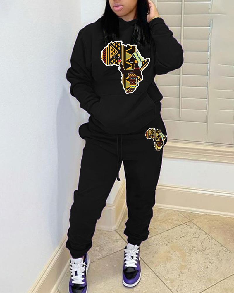 Women's Fashion African Pattern Print Hooded Sweatshirt Set