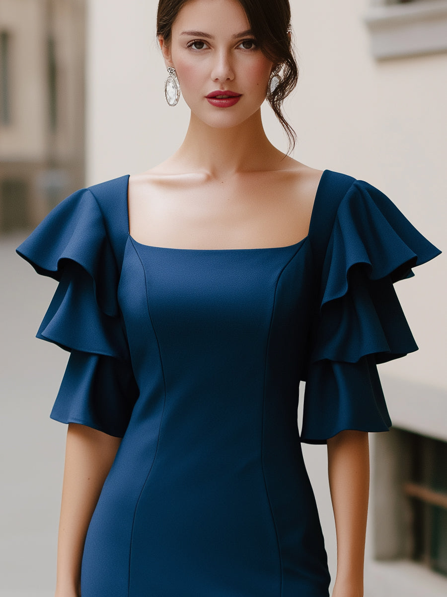 Square Neck Ruffle Sleeve Fitted Midi Dress