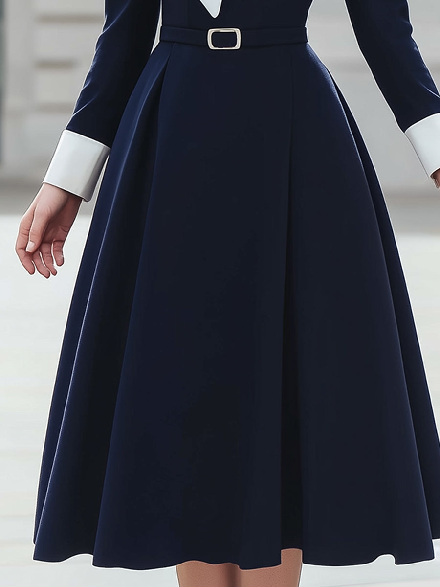 Belted Bow-Neck Long Sleeve A-Line Midi Dress