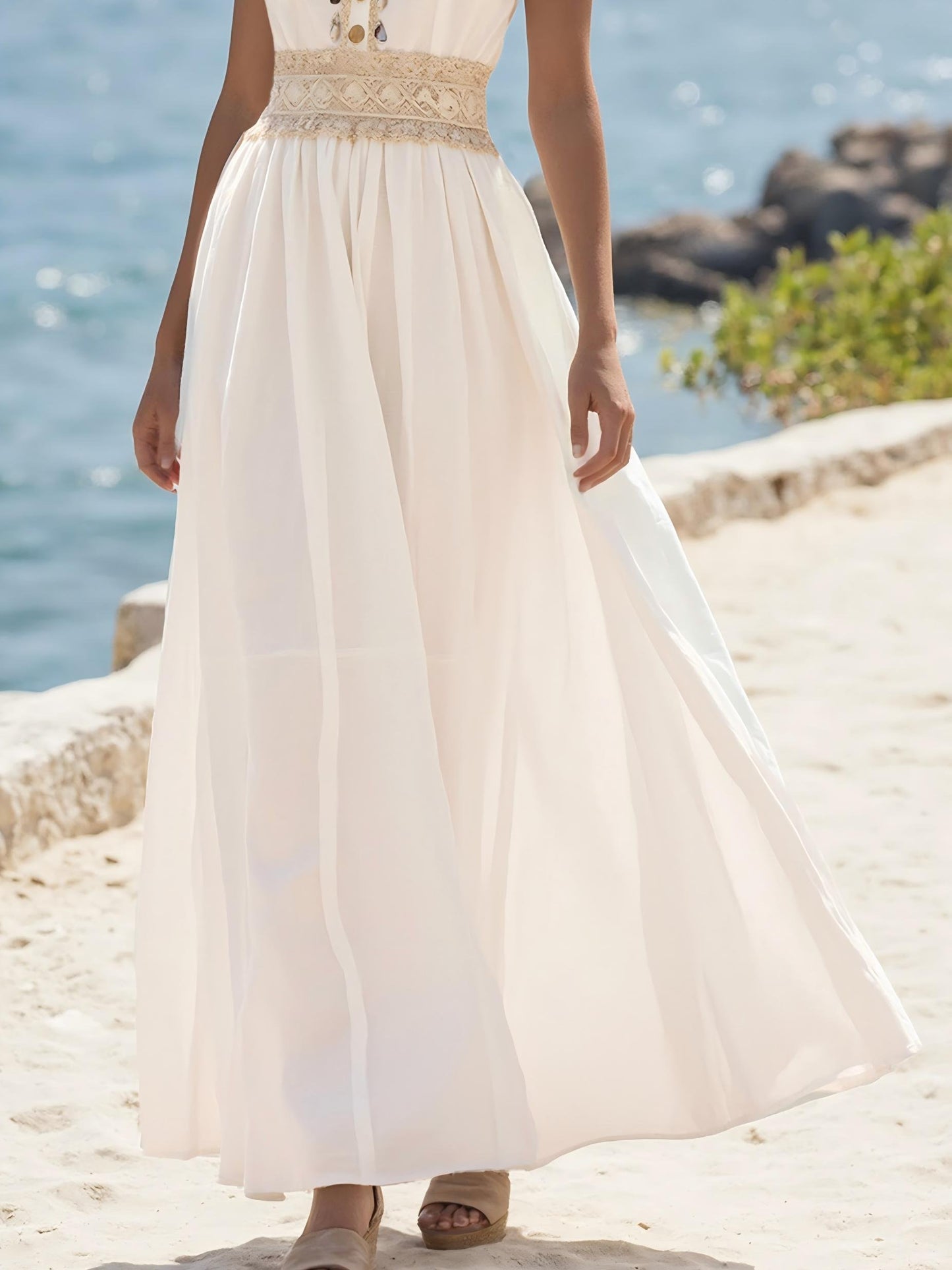 Maxi Linen Dress , Cap Sleeves, V Neck, Plain, Lace, Vintage, White