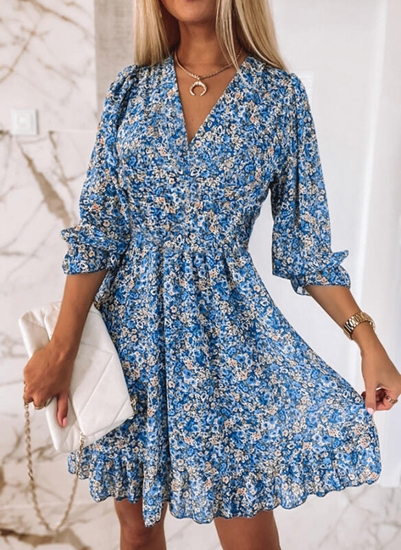 Mid-Length Dress Pullover Print Short Sleeve Puff Sleeve Mid-Waist Floral Dress