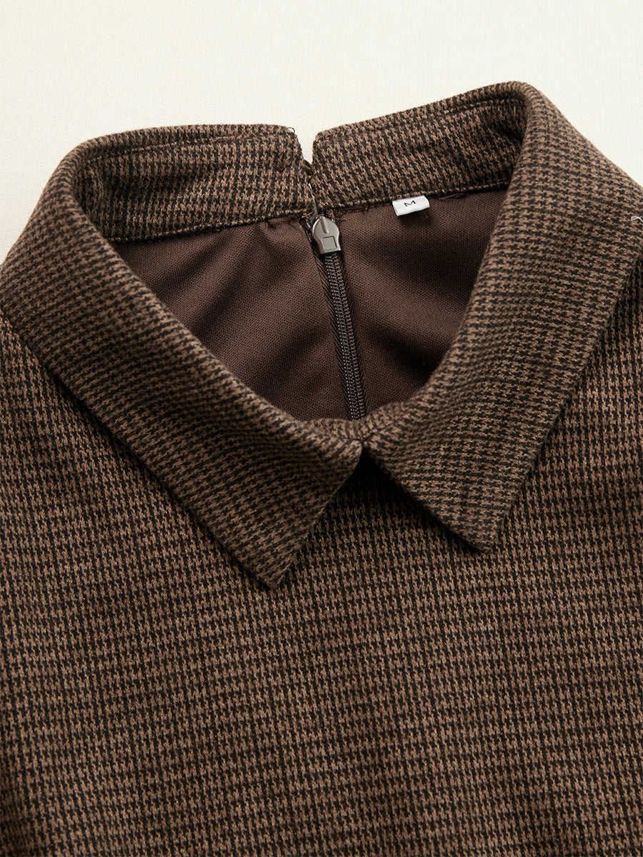 Elegant Houndstooth Long-Sleeve Midi Dress