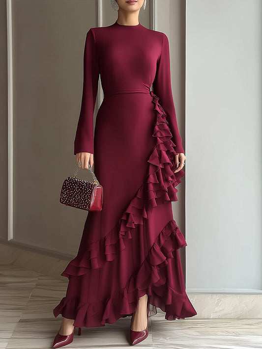 Wine Red Asymmetric Ruffled Long Sleeve Maxi Dress