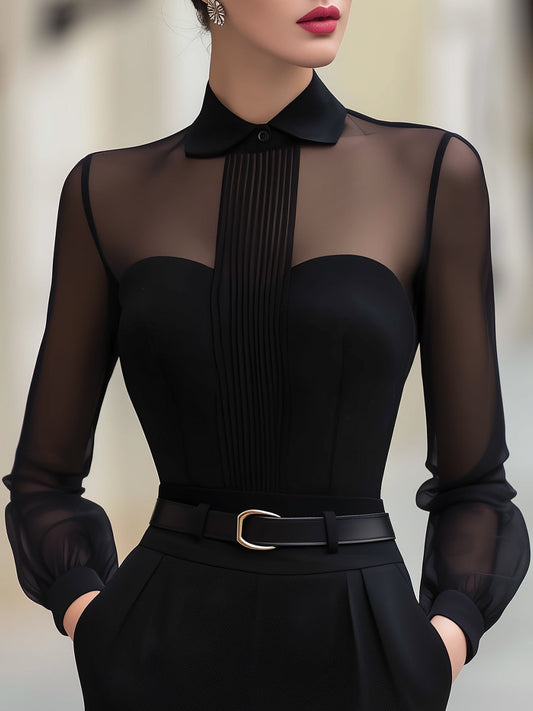 Sheer Panel Pleated Front Blouse