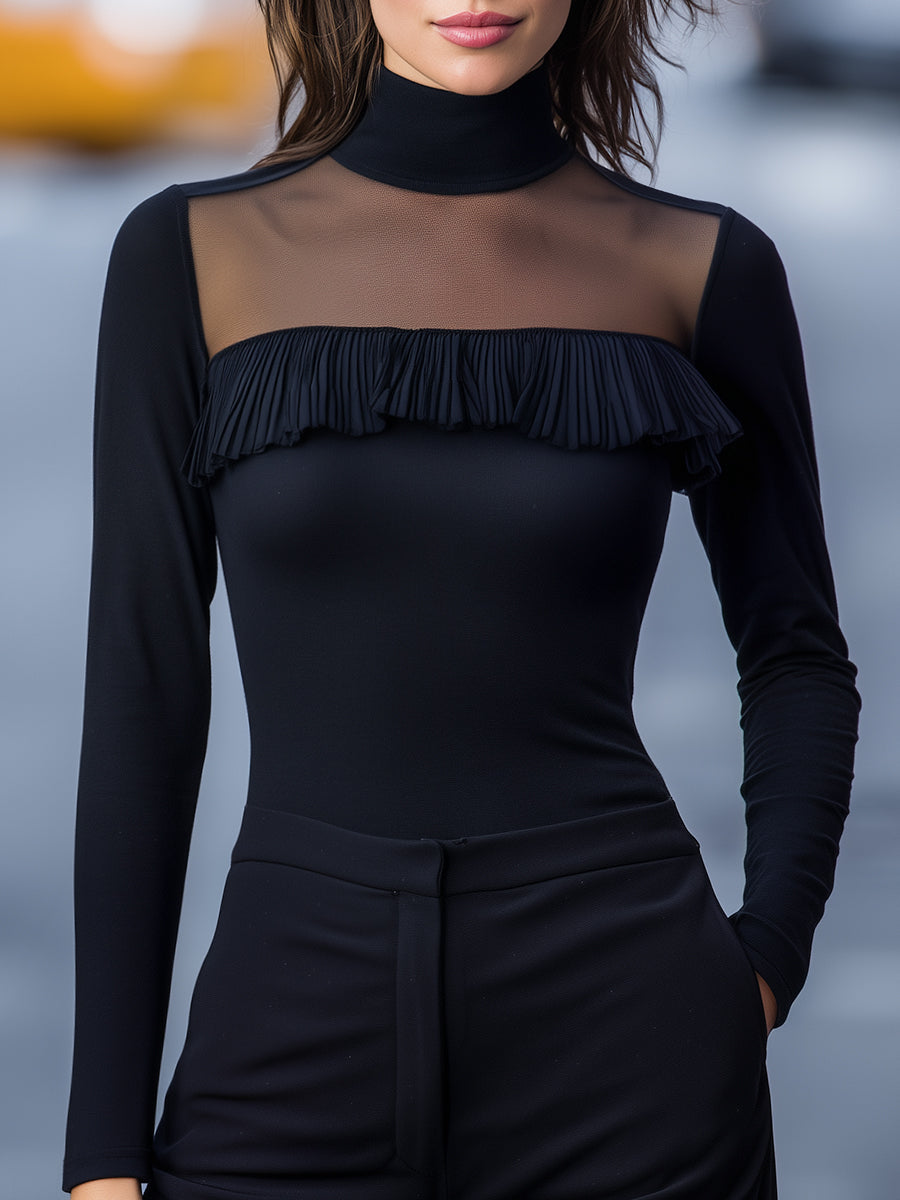 Sheer Mesh Yoke Ruffle High-Neck Long Sleeve Top