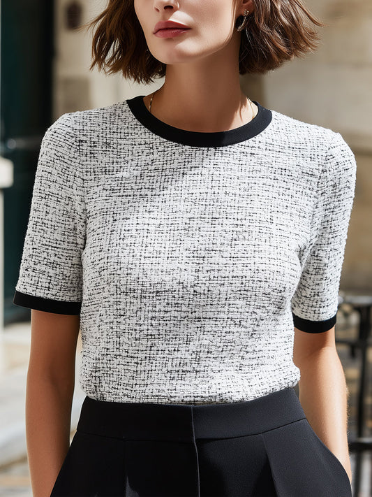 Ivory Boucl¨¦ Knit Short Sleeve Top With Contrast Trim