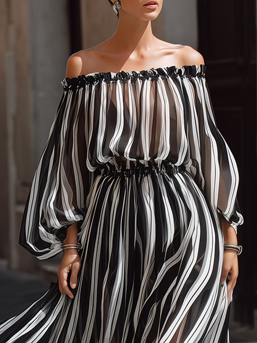 Elegant Off-the-Shoulder Vertical Stripe Chiffon Maxi Dress